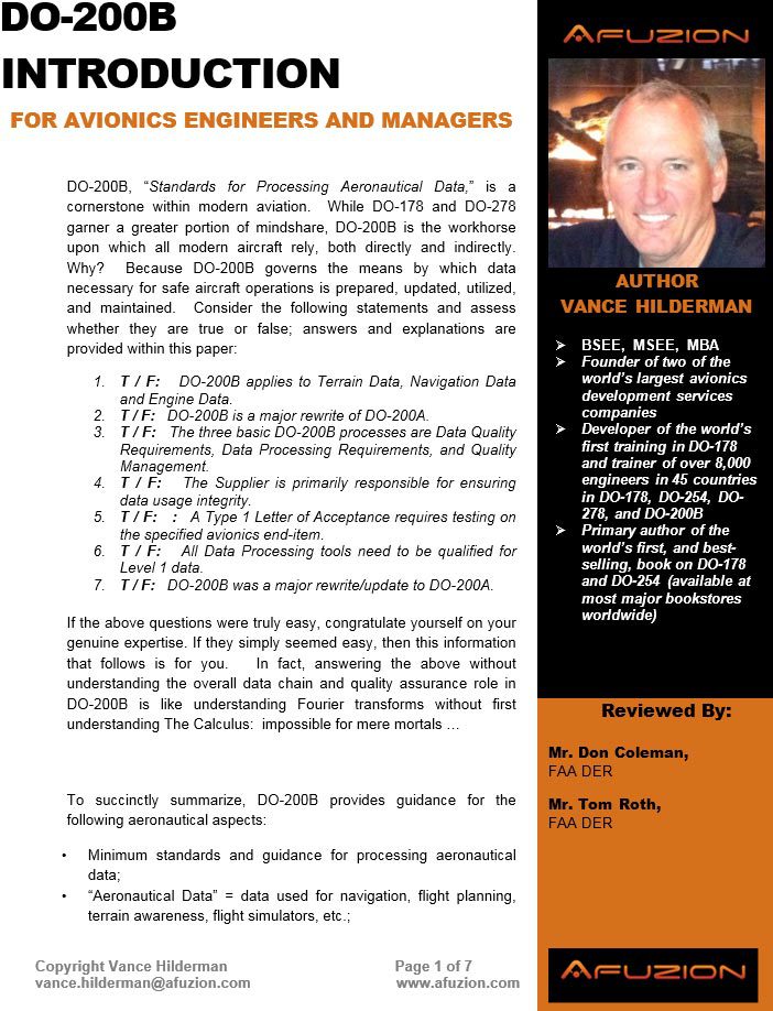 Technical document titled 'Introduction to DO-200A, Standards for Processing Aeronautical Data', with an author's portrait on the top right corner. | Afuzion