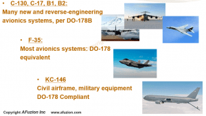 A presentation slide listing various military aircraft types and their compliance with DO-178 and DO-254 avionics systems standards. | Afuzion