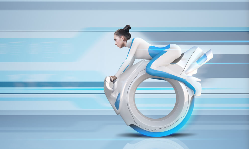 A futuristic concept of a woman riding a sleek, wheel-shaped motorcycle with a streamlined design against an Afuzion-themed, motion-blurred background. | Afuzion