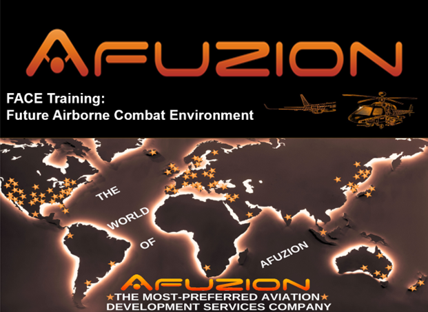 Afuzion brand advertising for future airborne combat environment training services with a helicopter graphic and global map backdrop, now applying FACE intro. | Afuzion Afuzion brand advertising for future airborne combat environment training services with a helicopter graphic and global map backdrop, now applying FACE intro. | Afuzion