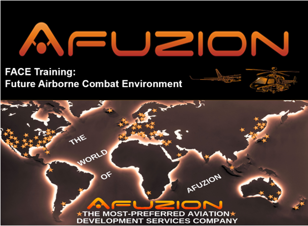 Afuzion brand advertising for future airborne combat environment training services with a helicopter graphic and global map backdrop, now applying FACE intro. | Afuzion