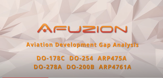 Corporate slide with logo for a.fuzion and the text "aviation development gap analysis" alongside aviation industry standards references: do-178c, do-254, arp4754a, DO | Afuzion