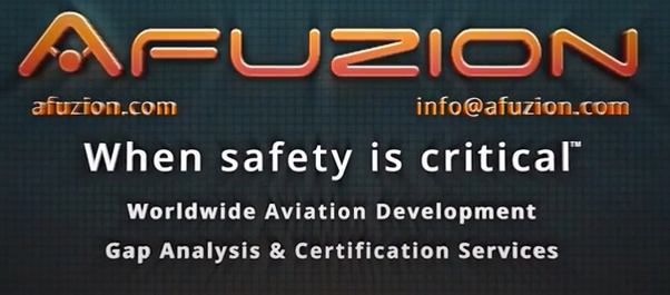 Logo and contact information for afuzion, a company specializing in worldwide aviation development and certification services emphasizing the importance of safety and identifying improvement opportunities. | Afuzion