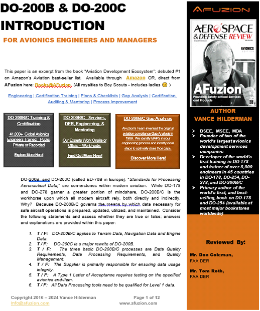 Image of a page from a document titled "DO-200B & DO-200C Introduction for Avionics Engineers and Managers" by Vance Hilderman. It includes book details, testimonials, author info, summary sections, and an in-depth look at DO-200B standards. | Afuzion