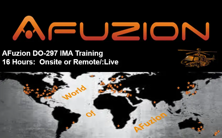 AFuzion DO-297 IMA Training advertisement with a world map, orange stars marking locations, and a helicopter graphic. Text highlights 16-hour live onsite or remote Integrated Modular Avionics (IMA) training. | Afuzion AFuzion DO-297 IMA Training advertisement with a world map, orange stars marking locations, and a helicopter graphic. Text highlights 16-hour live onsite or remote Integrated Modular Avionics (IMA) training. | Afuzion