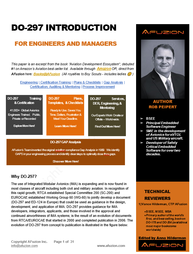 Cover page of a document titled "DO-297 Introduction" for engineers and managers, showing sections on DO-297, author information, technical reviewers, and key topics covered. | Afuzion