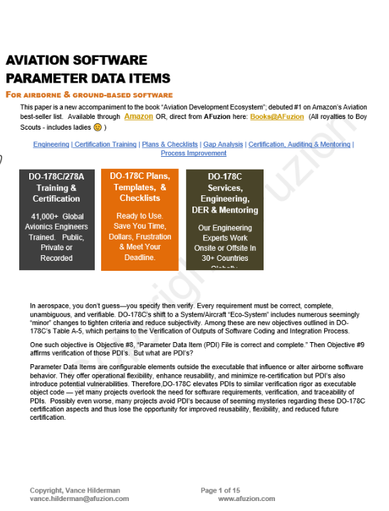 Screenshot of a document titled "Aviation Software Parameter Data Items," showing sections on DO-178C/278A training, DO-178C plans, and aviation software services. | Afuzion